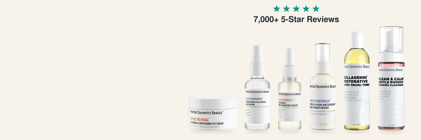 Six Herbal Dynamics Beauty skincare products on a cream background with 7,000+ 5-Star Reviews